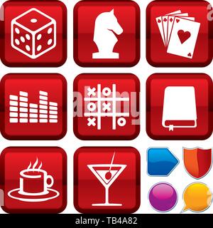 Vector illustration. Set of leisure icons on square buttons. Geometric style. Stock Vector