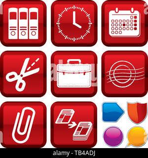 Vector illustration. Set of office stuff icons on square buttons. Geometric style. Stock Vector