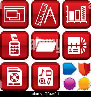 Vector illustration. Set of data icons on square buttons. Geometric style. Stock Vector