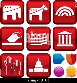 Vector illustration. Set of politics icons on square buttons. Geometric style. Stock Vector