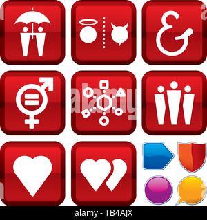 Vector illustration. Set of relationship icons on square buttons. Geometric style. Stock Vector
