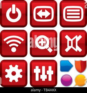 Vector illustration. Set of remote control icons on square buttons. Geometric style. Stock Vector