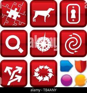 Vector illustration. Set of search and find icons on square buttons. Geometric style. Stock Vector