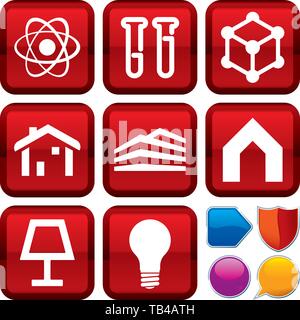 Vector illustration. Set of technical icons on square buttons. Geometric style. Stock Vector