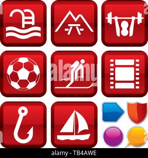Vector illustration. Set of outdoor icons on square buttons. Geometric style. Stock Vector