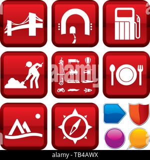 Vector illustration. Set of on the road icons on square buttons. Geometric style. Stock Vector