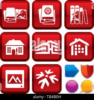 Vector illustration. Set of travel icons on square buttons. Geometric style. Stock Vector