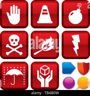 Vector illustration. Set of warning icons on square buttons. Geometric style. Stock Vector