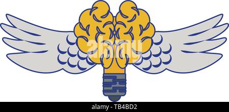 Bulb light brain shape with wings blue lines Stock Vector