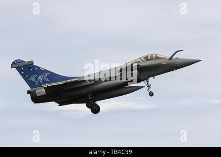 A French Air Force Dassault Rafale C lands at Mont-de-Marsan Air Base during the NATO Tiger Meet 2019 exercise Stock Photo