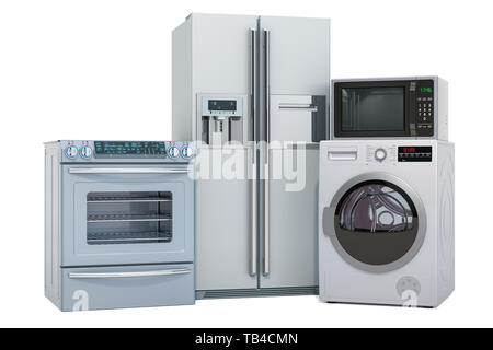 Set of silver kitchen appliances. Washing machine, fridge, gas stove, microwave oven. 3D rendering isolated on white background Stock Photo