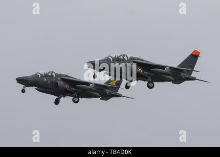 A pair of French Air Force Dassault/Dornier Alpha Jet depart Mont-de-Marsan Air Base during the NATO Tiger Meet 2019 exercise Stock Photo