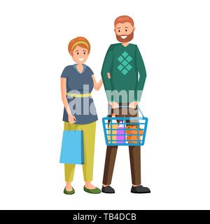 Couple buying grocery products vector illustration. Husband and wife purchasing fresh fruits cartoon characters. Adult shoppers, buyers with shopping basket, woman holding shopping bag Stock Vector