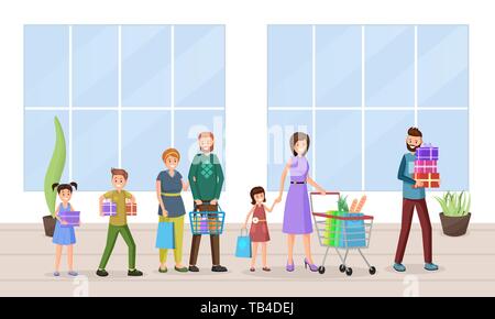 Holiday shopping flat vector illustration. Cheerful shoppers, buyers satisfied with purchased goods cartoon characters. Shopping mall visitors, customers with gift boxes, bags, basket, pushing cart Stock Vector
