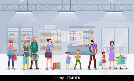 Supermarket queue flat vector illustration. Happy customers, buyers standing in line cartoon characters. Cheerful adult shoppers, children enjoying purchasing grocery products, presents, gifts  Stock Vector