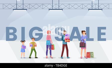 Mall big sale web banner template. Cheerful shoppers holding shopping bags cartoon characters. Happy buyers purchasing presents on discount, black friday offer, kids with gift boxes Stock Vector