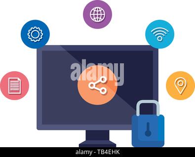 desktop with padlock and social media icons Stock Vector