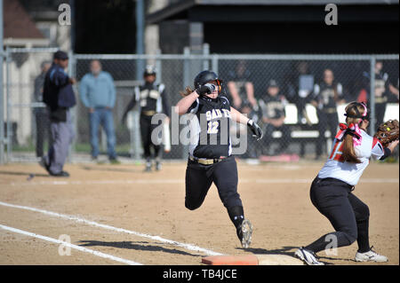 A batter/runner leaping for first base in an effort to leg out an infield ground ball, however, the throw beat her to the bag as she was retired. USA. Stock Photo