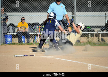 Catcher making a tag a base runner that was attempting to score. USA. Stock Photo