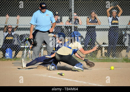 Catcher making a tag a base runner that was attempting to score. USA. Stock Photo