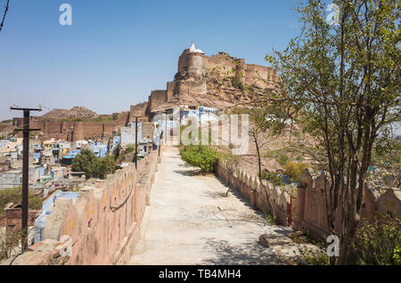 The Blue City, Jodhpur / India - 03 27 2019, Beautiful colorful buldings and architecture. Popular tourist destination in Rajasthan. Fort Mehrangarh Stock Photo