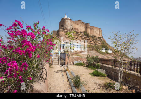 The Blue City, Jodhpur / India - 03 27 2019, Beautiful colorful buldings and architecture. Popular tourist destination in Rajasthan. Fort Mehrangarh Stock Photo