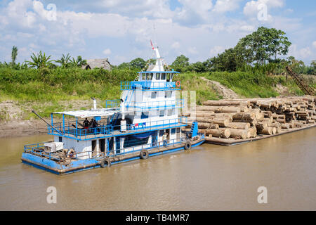 Logging boat on the Ucayali River, Peruvian Amazon Basin, Loreto Department, Peru Stock Photo