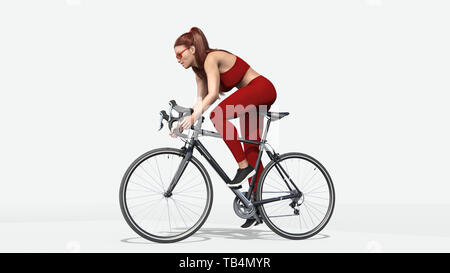 Girl with long hair on a bicycle, redhead athletic woman in sports outfit riding a bike, 3D rendering Stock Photo