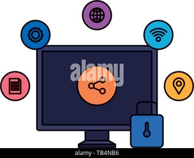 desktop with padlock and social media icons Stock Vector