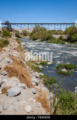 Puente de Fierro or Iron Bridge is a Gustave Eiffel designed bridge over the Chili River in Arequipa, Peru Stock Photo