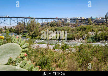 Puente de Fierro or Iron Bridge is a Gustave Eiffel designed bridge over the Chili River in Arequipa, Peru Stock Photo