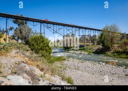 Puente de Fierro or Iron Bridge is a Gustave Eiffel designed bridge over the Chili River in Arequipa, Peru Stock Photo