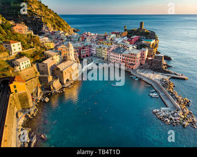 Aerial view of Vernazza, one of the five centuries-old villages of ...