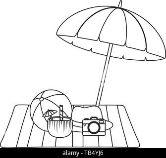 summer vacation holidays leisure beach travel objects over towel under umbrella at beach scene cartoon vector illustration graphic design Stock Vector