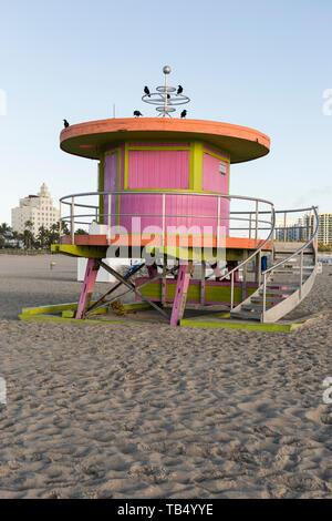 The retro lifeguard tower at 10th street on Miami Beach, Florida, USA Stock Photo