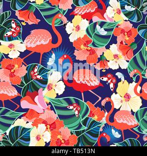 Bright seamless pattern of tropics flamingos among the jungle and flowers Stock Vector
