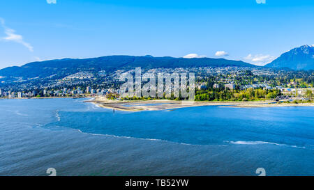 North Vancouver and West Vancouver across Burrard Inlet, the entrance into Vancouver harbor viewed from Prospect Point in Vancouver's Stanley Park, BC Stock Photo