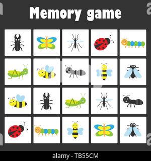 Memory game with pictures -insect theme for children, xmas fun education game for kids, preschool activity, task for the development of logical Stock Vector