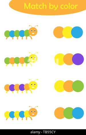 Matching game for children, connect colorful caterpillars with same color palette, preschool worksheet activity for kids, task for the development of Stock Vector