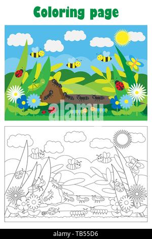 Glade with insect and flowers in cartoon style, summer coloring page, education paper game for the development of children, kids preschool activity Stock Vector