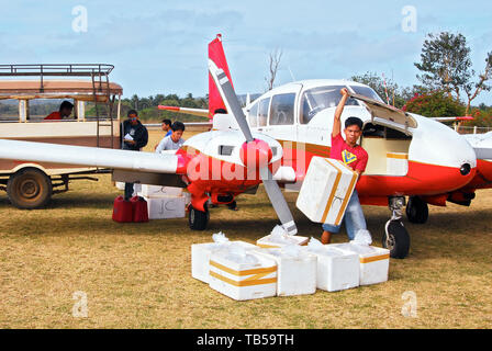 Cuyo Island, Palawan Province, Philippines: Close-up of a Piper Aztech cargo plane getting loaded life fish in boxes at the airport Stock Photo