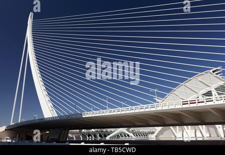 Harp-shaped cable-stayed bridge, Pont de L'Assut de l'Or, architect Santiago Calatrava, CAC, Ciutat des les Arts i les Ciencies, Valencia, Spain Stock Photo