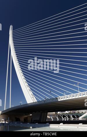 Harp-shaped cable-stayed bridge, Pont de L'Assut de l'Or, architect Santiago Calatrava, CAC, Ciutat des les Arts i les Ciencies, Valencia, Spain Stock Photo