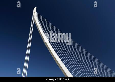 Harp-shaped cable-stayed bridge, Pont de L'Assut de l'Or, architect Santiago Calatrava, CAC, Ciutat des les Arts i les Ciencies, Valencia, Spain Stock Photo