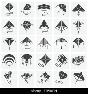 Kites icons set on squares background for graphic and web design. Simple vector sign. Internet concept symbol for website button or mobile app. Stock Vector