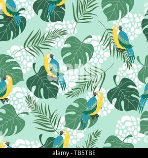 Hand drawn seamless pattern with tropical birds and leaves on blue background. Vector flat cute illustration of parrots . Stock Vector