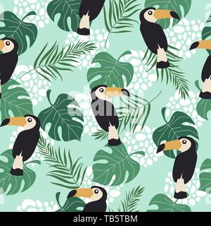 Hand drawn seamless pattern with tropical birds and leaves on blue background. Vector flat illustration of toucan . Stock Vector