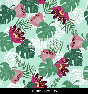 Hand drawn seamless pattern with tropical leaves and flowers on blue background. Vector flat illustration Stock Vector