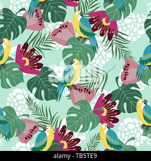 Hand drawn seamless pattern with tropical birds, flowers and leaves on blue background. Vector flat illustration of parrots . Stock Vector