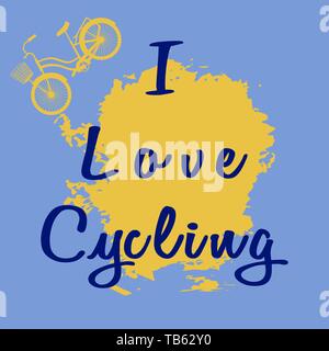 Yellow bike with a basket. Blue inscription - I Love Cycling. Text on pear color spot. Vector illustration on blue gray background. Trend flat style.  Stock Vector